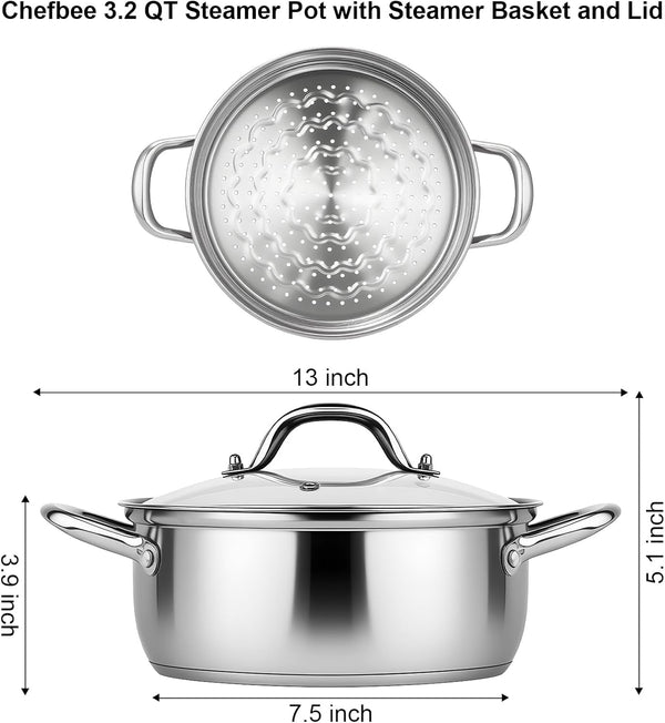 3.2QT Stainless Steel Steamer for Cooking with Food Steamer Basket | Healthy Steaming Pot, Multi-Use Kitchen Cookware, for Vegetables Dumplings Soup and Food Preparation, Daily Kitchen Cooking3