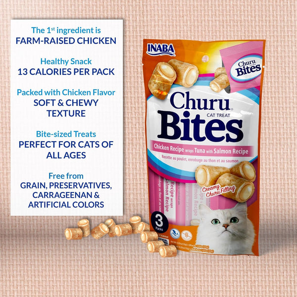 INABA Churu Bites for Cats, Soft/Chewy Baked Chicken Wrapped Churu Filled Cat Treats with Vitamin E, 0.35 Ounces per Tube, 24 Tubes Total (3 Tubes per Pack), Chicken Recipe5