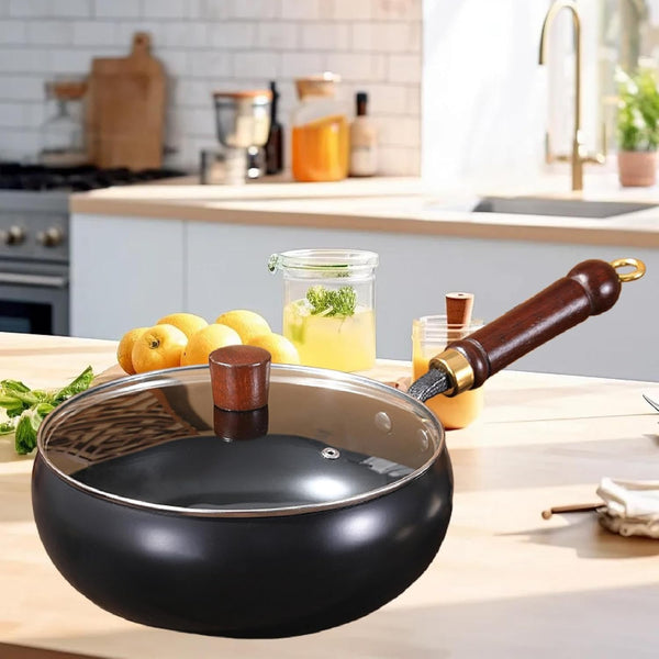 Flat Bottom Wok Sturdy Stir Fry Pan Comfortable Handle without Coated Cookware Cooking Pot for Hotel Camping Home Kitchen Restaurant, Glass Lid3