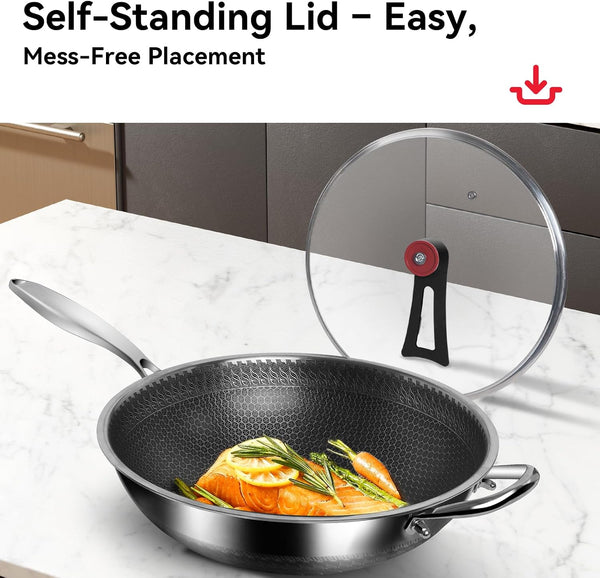 5-Piece Stainless Steel Flatware Set and Coating-Free Hybrid Stainless Steel Wok with Lid, 12.6" Flat-Bottom Stir-Fry Pan9