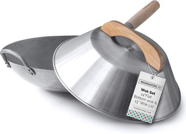 Flat Bottom Wok with Lid, Hand Hammered Carbon Steel Wok Set, 14"1