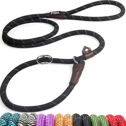 Fida Durable Slip Lead Dog Leash, 6 FT X 1/2" Heavy Duty Dog Loop Leashes, Comfortable Strong Rope Slip Leash for Large Medium Dogs, No Pull Pet Training Lead with Highly Reflective(1/2", Black)1
