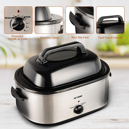 22 Quart Electric Roaster Oven, Roaster Oven, Turkey Roaster Electric, Electric Roaster, Selfbasting Lid, Removable Pan, Full-Range Temperature Control Cool-Touch Handles, Silver Body, Black Lid7