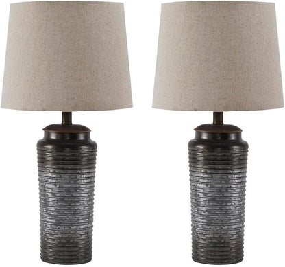 Signature Design by Ashley Norbert Living Room Table Lamp Set of 2, Gray | Galvanized Metal with Ribbed Ombre Finish, Medium Fabric Hardback Shade, Supports up to 150 Watts, Living Room Placement1