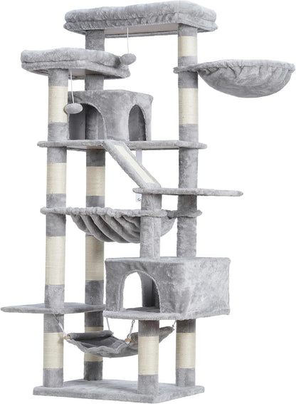 Heybly Cat Tree, 71-Inch-Tall Tower for Indoor Cats with 2 Perches HCT034W | Large Cat Furniture with 2 Big Condos, 2 Hammocks, Basket, Scratching Pad, Multi-Level Cat Condo, Light Gray7