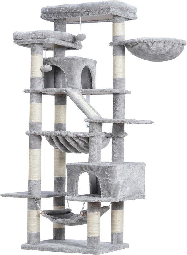 Heybly Cat Tree, 71-Inch-Tall Tower for Indoor Cats with 2 Perches HCT034W | Large Cat Furniture with 2 Big Condos, 2 Hammocks, Basket, Scratching Pad, Multi-Level Cat Condo, Light Gray7