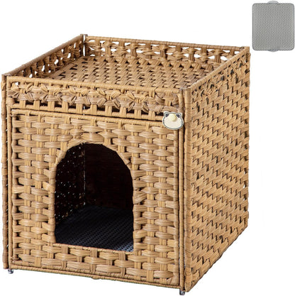 SETVSON Cat Litter Box Enclosure Furniture, Hidden Litter Box with Mat and Fence, Handwoven Rattan Cat House with Two S-Shaped Hooks for Living Room, Bedroom, 18.5 X 20.5 X 19.1 Inches (Natural)1