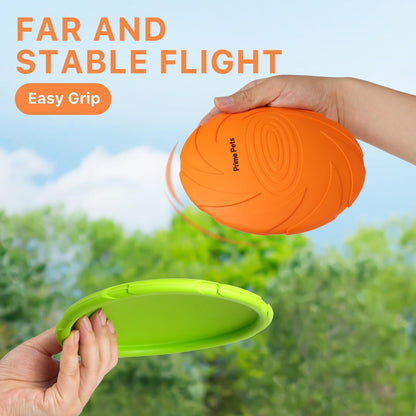 Prime Pets Dog Flying Disc, 2 Pack, 7 Inch, Durable Dog Toys, Nature Rubber Floating Flying Saucer for Water Pool Beach, Orange and Green3