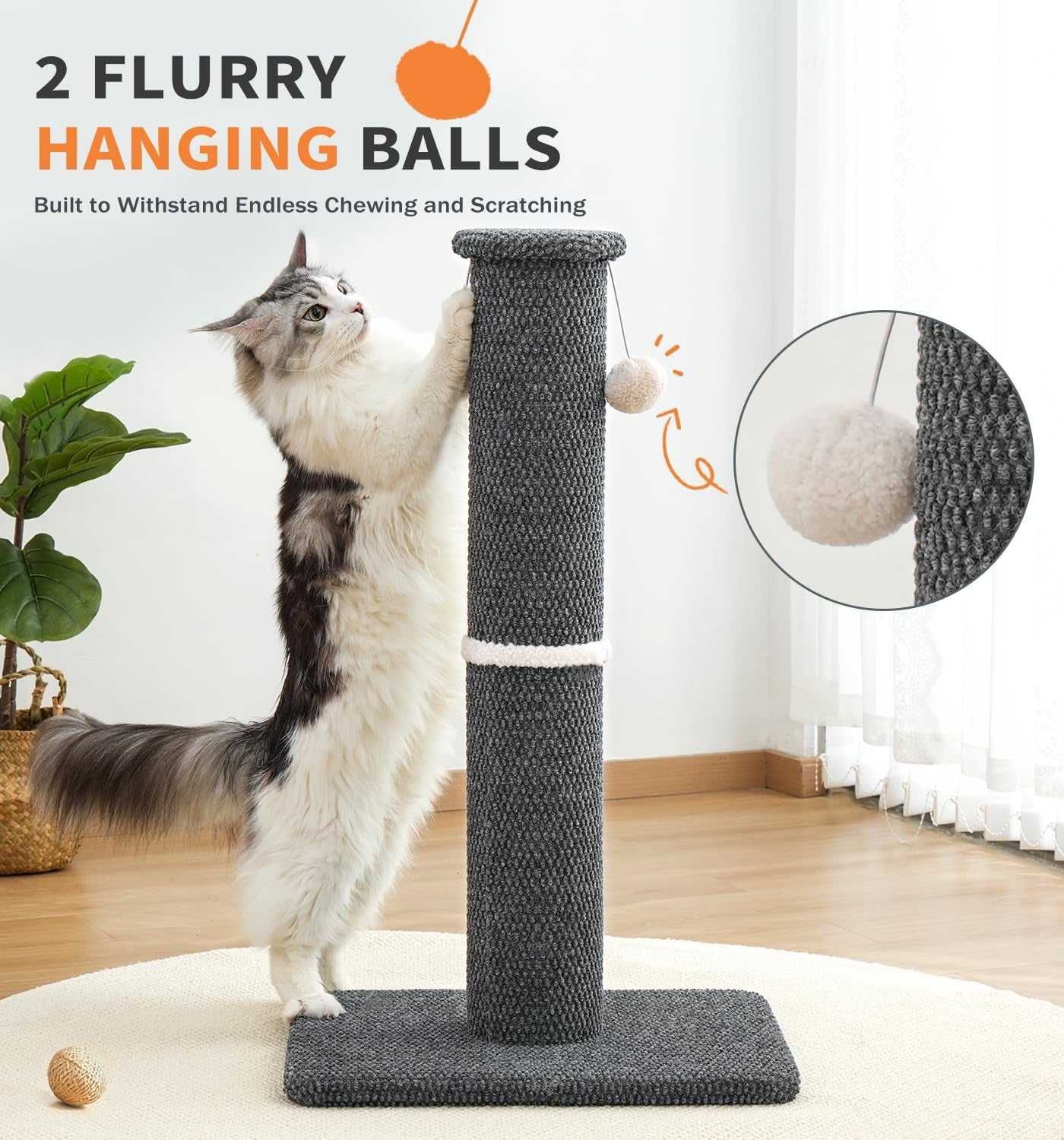 made4pets-tall-cat-scratching-post-33-modern-cat-scratcher-with-hanging-balls-heavy-duty-and-thicker-scratching-post-for-indoor-cats-adults-sturdy-base-cat-scratch-post-dark-grey