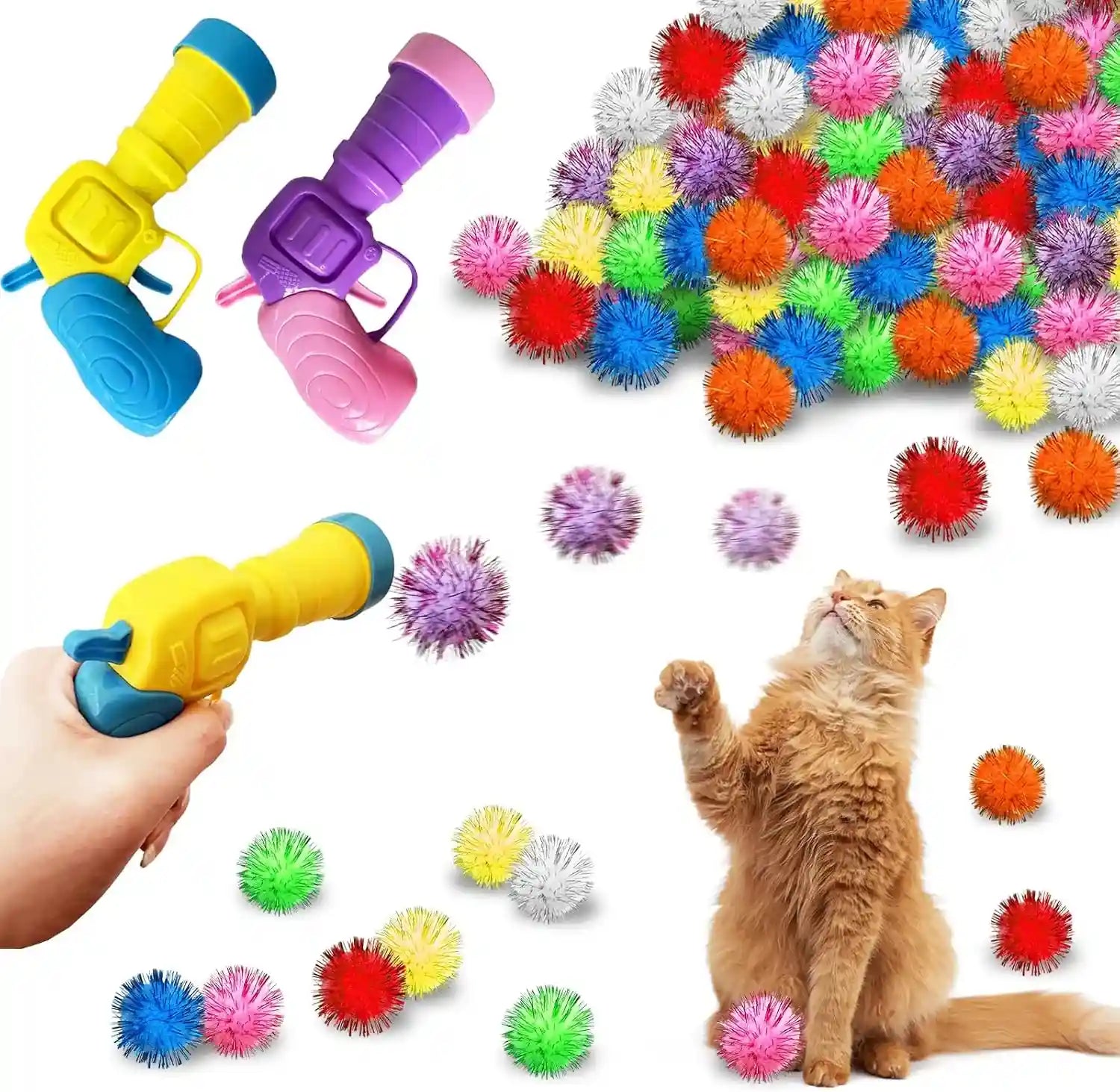 2-cat-toy-launchers-100-cat-pom-pom-balls-cat-toys-balls-launcher-launch-ball-interactive-toy-silent-plush-elastic-ball-for-kitty