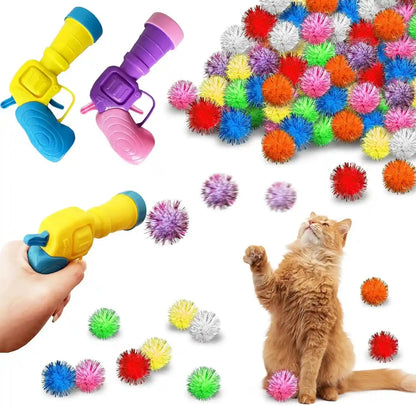 2 Cat Toy Launchers & 100 Cat Pom Pom Balls,Cat Toys Balls Launcher,Launch Ball Interactive Toy,Silent Plush Elastic Ball for Kitty8