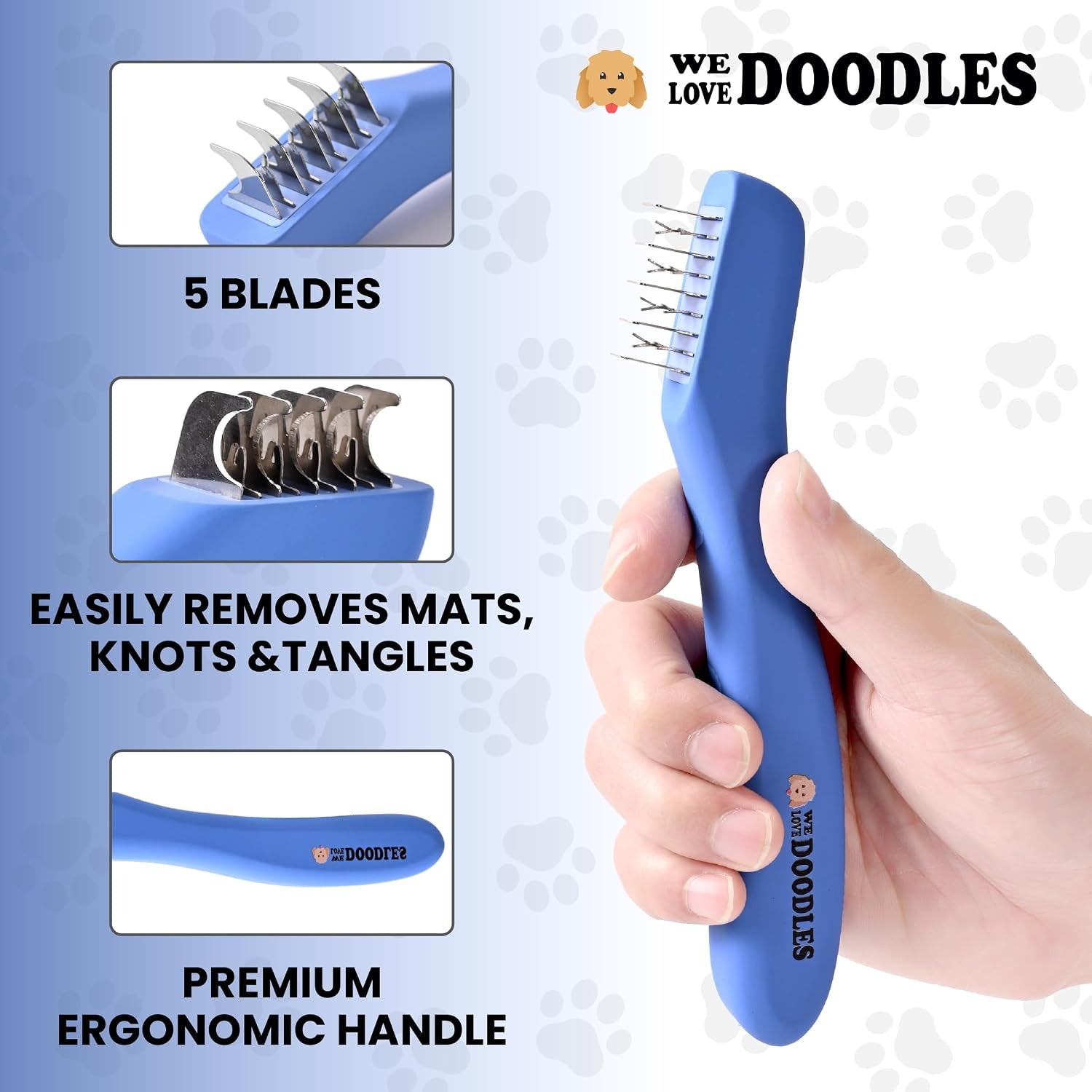 we-love-doodles-dematting-comb-for-dogs-dog-hair-mat-remover-detangler-comb-deshedding-tool-removes-tangles-knots-loose-hair-metal-comb-ergonomic-handle-family-5-blades