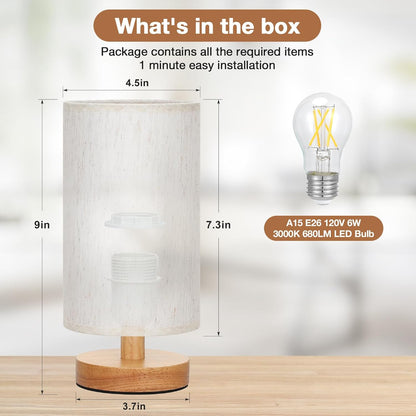 9" Small Table Lamp for Bedroom - Inline Control with 3000K Blub | Cream Shade and Wood Base | 680 Lumens | Easy Assembly | Minimalist Design | E26 | for Kitchen | for Kids Room3