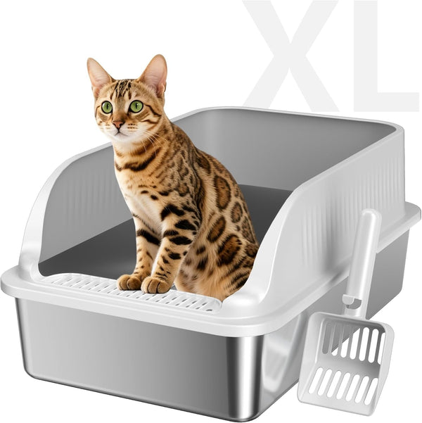 Stainless Steel Cat Litter Box with Lid, XL Metal High Sided Litter Box | Odor Free Open Top Litter Pan Easy Cleaning Anti-Urine Leakage Non-Stick Includes Scoop Light Grey1