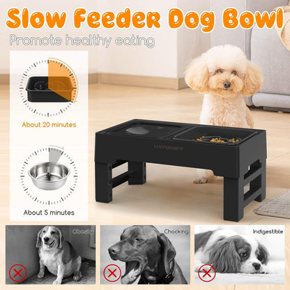 URPOWER 2-In-1 Elevated Slow Feeder Dog Bowls with No-Spill Water Bowl | 4 Height-Adjustable Raised Dog Bowls, Non-Slip Food and Water Bowls with Stand for Small, Medium, Large Dogs, Cats and Pets4