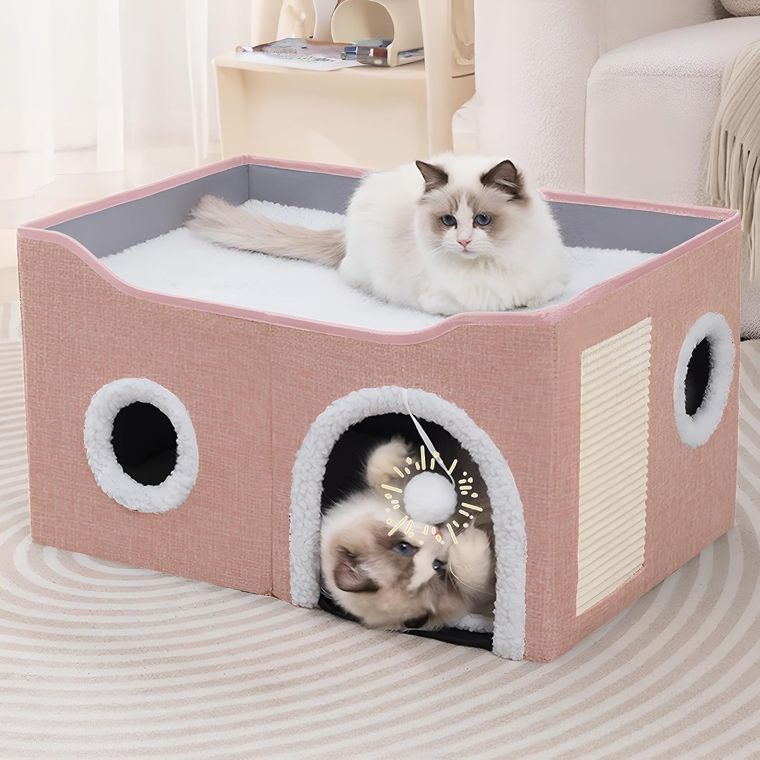 loyareal-cat-houses-for-indoor-cats-large-cat-bed-cave-with-scratch-pad-and-fluffy-ball-foldable-cat-condo-hideaway-with-reversible-cushion-for-multi-small-pet-dark-grey
