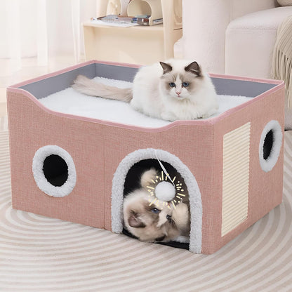Loyareal Cat Houses for Indoor Cats - Large Cat Bed Cave with Scratch Pad and Fluffy Ball, Foldable Cat Condo Hideaway with Reversible Cushion for Multi Small Pet, Dark Grey12