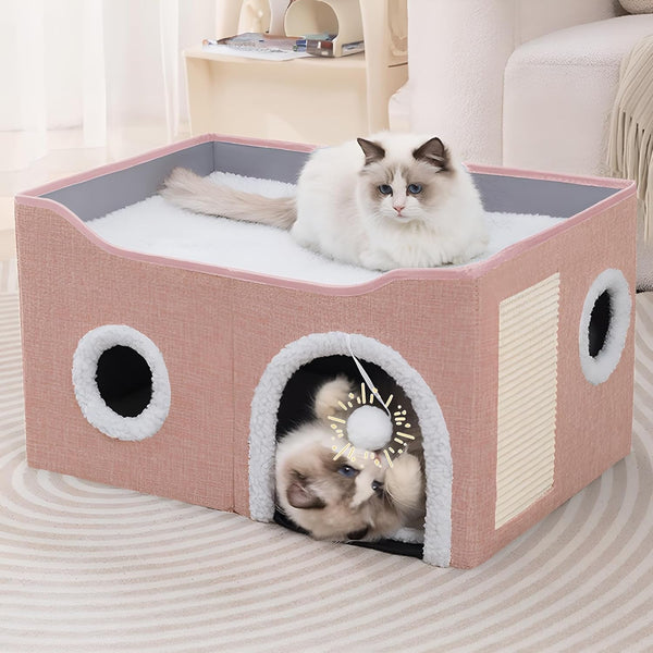 Loyareal Cat Houses for Indoor Cats - Large Cat Bed Cave with Scratch Pad and Fluffy Ball, Foldable Cat Condo Hideaway with Reversible Cushion for Multi Small Pet, Dark Grey12
