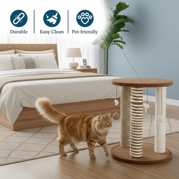 Cat Scratching Post - 3 Scratcher Posts with Carpeted Base Play Area and Perch - Furniture Scratching Deterrent for Indoor Cats by PETMAKER (Brown), Large5