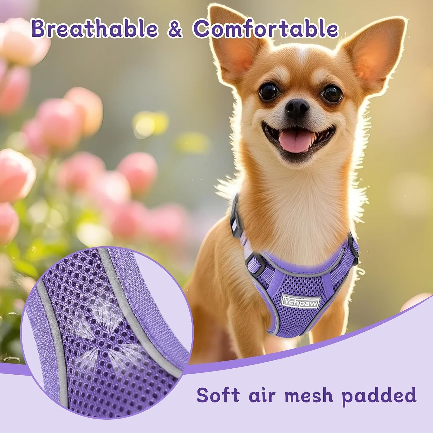 small-dog-harness-and-leash-set-adjustable-small-sized-pet-vest-reflective-soft-breathable-mesh-3-buckles-adjustable-neck-and-chest-easy-on-and-comfortable-secure-walking-purple-s