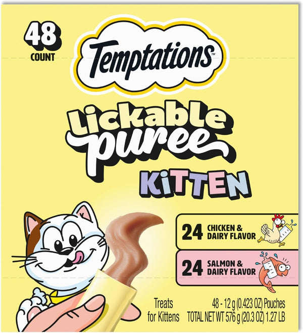 Temptations Lickable Puree Kitten Cat Treats, Chicken & Salmon, 48 Count | Chicken & Salmon, DHA Supports Brain Development, High Moisture for Hydration, under 15 Cal/Pouch, No Added Sugar or Fillers1