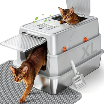 Enclosed Stainless Steel Litter Box, XL Covered Metalpan Includes Mat Scoop | Easy Cleaning Anti-Urine Leakage Non-Sticky Front Entry Top Exit10