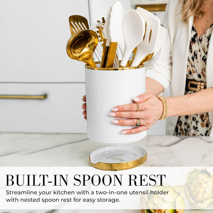 White and Gold Cooking Utensils Set, 13-Piece | Kitchen Set with White Ceramic Utensil Holder and Stackable Gold Spoon Rest - Luxury Kitchen Accessories for Stylish Cooking6