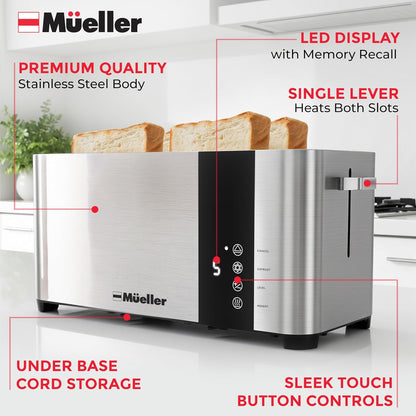 Mueller Ultratoast Stainless Steel Toaster 4 Slice – Extra-Wide 1.6" Slots | for Artisan Bread, Bagels & Frozen Waffles, 6 Browning Levels, LED Display, Cancel/Defrost/Reheat, Removable Crumb Tray6