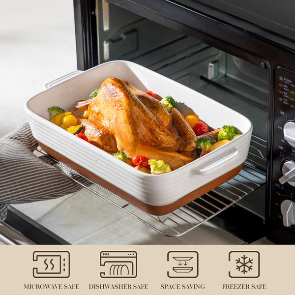 Casserole Dishes for Oven, Ceramic Baking Dishes Set of 3, Baking Pan Casserole Dish Set, Rectangular Lasagna Pan Deep with Handles for Baking, Khaki White (14.5''/13''/10.5''), Series TARA4