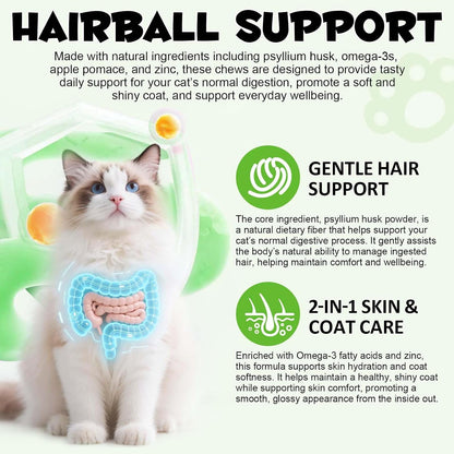 Cat Hairball Support Crunchy & Creamy Chews,Omega 3 & Zinc for Healthy Skin & Coat, Tasty Chicken Flavor,Supports Skin & Coat, Digestion,30-Day Supply6