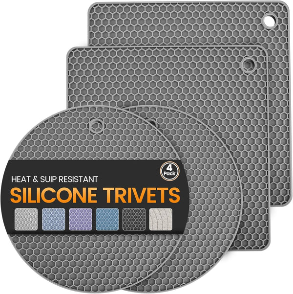 Silicone Trivet Mats 4 Heat Resistant Pot Holders Multipurpose Non-Slip Hot Pads for Kitchen Potholders, Drying Mat, Jar Opener, Spoon Holder, Coaster(Dark Grey)1