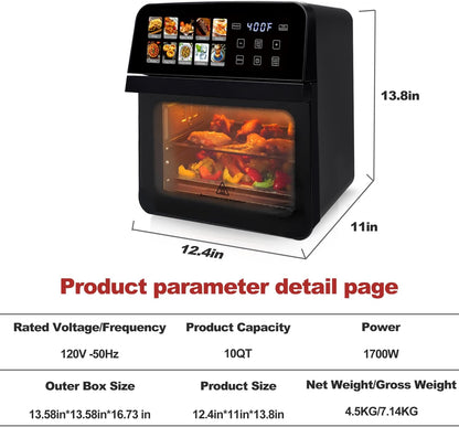 10QT Air Fryer Toaster Oven Combo with 10 Presets, Family Size Compact Oven for Roasting Whole Chicken/Double Cooking, Stainless Steel Interior, Easy Clean, Includes 2 Accessories & Recipe3