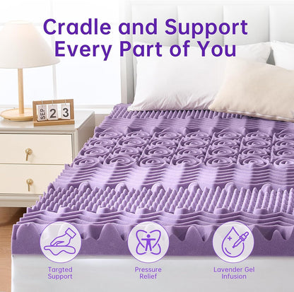 3 Inch 7-Zone Queen Mattress Topper, Egg Crate Memory Foam Mattress Topper Queen Size for Back Pain, Lavender Gel Infused Bed Pad, Certipur-Us and Oeko-Tex Certification (60"×80")2
