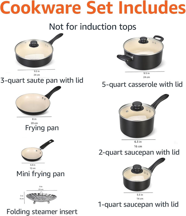 11-Piece Ceramic Non-Stick Pots and Pans Set, Dishwasher & Oven Safe, Easy Clean, Glass Lids, Black/Cream4