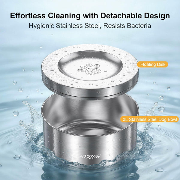 304 Stainless Steel Dog Water Bowl No Spill, 101Oz/3L Large Capacity Pet Water Dispenser with Floating Disk, Non-Slip Slow Drink Feeder for Cat, Anti-Gulping & Splash Proof for Travel, Car & Home4