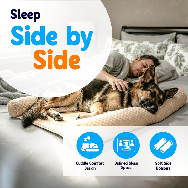 Denmate - the Only On-Bed Dog-Bed That Goes on Your Masterbed for Dogs That Love to Sleep with You. Helps Stabilize Nighttime Movement so You and Your Dog Sleep Better Together. Machine Washable.4