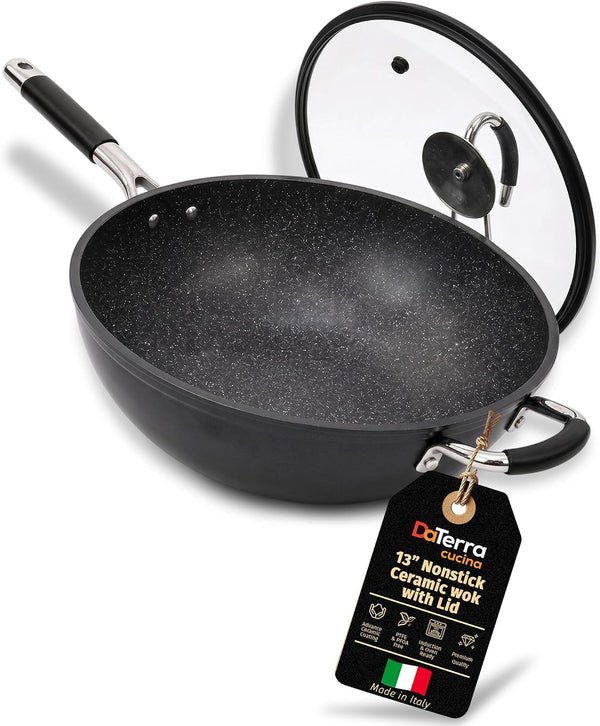 - Nonstick Ceramic Wok with Lid - Oven & Induction Safe, 13" | Italian Crafted Cookware, PTFE, PFOA Free, Tempered Glass Lid, Oven Safe up to 450°F, Even Heat Distribution, Easy Cleanup1