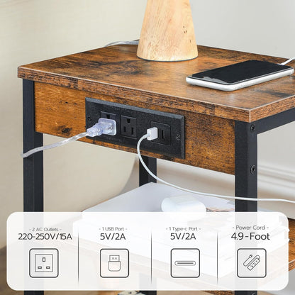 Side Table with Charging Station and USB Port, Small End Table for Small Space, 3-Tier Nightstand with Adjustable Shelf, for Living Room, Bedroom, Rustic Brown BF112BZ014
