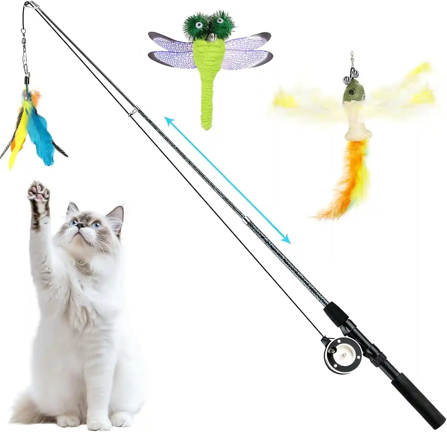 pawaboo-cat-feather-toys-4-pack-interactive-cat-feather-teaser-wand-toys-retractable-fishing-pole-wand-catcher-exerciser-with-refill-fish-dragonfly-worm-with-bells-fun-cat-kitten-kitty-playing-toy