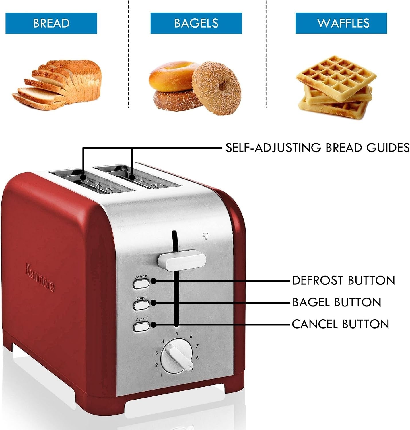 kenmore-2-slice-toaster-stainless-steel-red-and-silver-with-extra-wide-slots-self-adjusting-bread-guides-defrost-bagel-and-removable-crumb-tray-small-kkts2sr-az