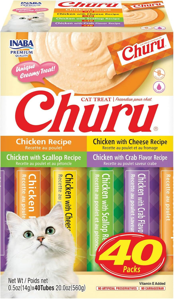 INABA Churu Cat Treats, Lickable, Squeezable Creamy Purée Cat Treat with Vitamin E, 0.5 Ounces Each Tube, 40 Tubes, Chicken Variety1