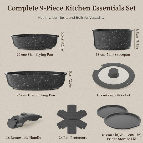 9Pcs Granite Nonstick Pots and Pans Set, Stackable, Oven Safe | Non-Toxic Cookware Set with Detachable Handle for Rvs, Camping, Pfos/Pfoa-Free Induction Compatible2