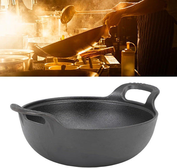 9.84 Inch Cast Iron Wok with Wooden Lid – Large-Capacity Heavy Duty Flat Base Stir Fry Pan with Dual Handles for Gas, Induction, Electric Ceramic Stoves, Even Heat(25Cm)6