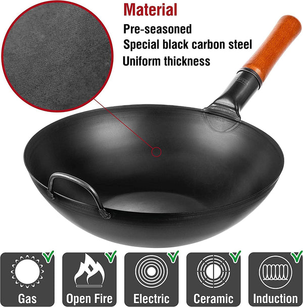Carbon Steel Wok Pan – 13,5 “ Stir Fry Pans with Flat Bottom + Premium Wok Cover 13.5 Inch Pan Lid + 17’’ Spatula and Ladle4