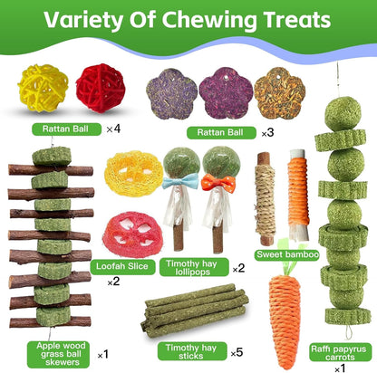 WDEFUN 21PCS Rabbit Chew Toys for Teeth Grinding, Natural Timothy Hay Cakes Treats for Bunny, Organic Apple Wood Sticks Toy Set for Guinea Pigs, Hamsters, Chinchillas,Dental Health & Boredom Relief2