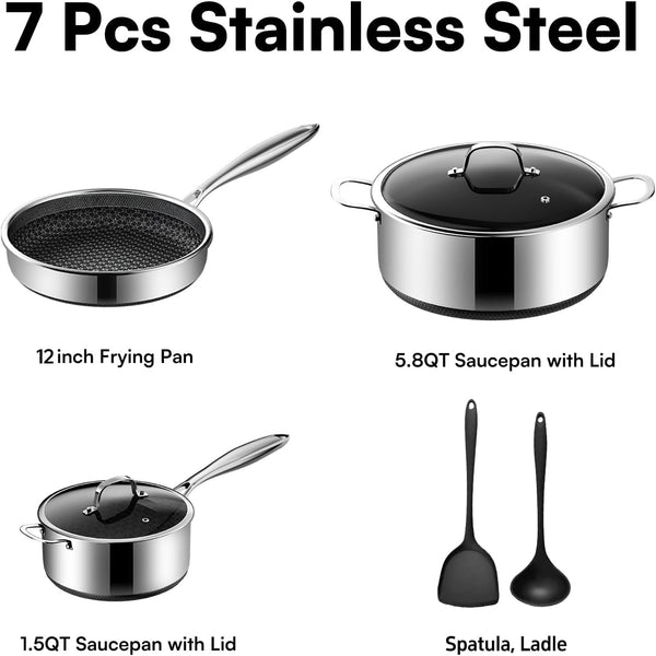 7-Piece 5 Ply Stainless Steel Cookware Set with Lids, Pots and Pans Set Non Stick, Non-Toxic, for Induction, Oven, Dishwasher Safe, RV Essentials, Kitchen Appliances2