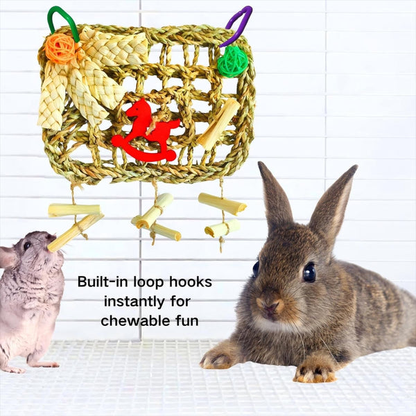 Rabbits Chew Toy,Bunny Cage Hanging Chew Toys and Treats,Grass with Sweet Bamboo for Guinea Pigs Chinchillas Hamsters Rats2