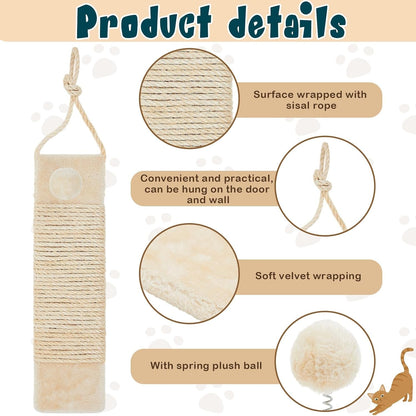 Dansydaisy 2 Pcs Cat Scratcher Door Hanging, 19.3 X 5.5Inch Cat Scratching Post Wall Mounted, Natural Sisal Scratching Pad Surface with Ball Toy for Indoor Cats Kitty3