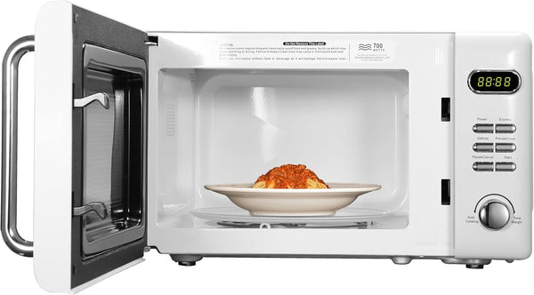 MWR7020W Compact Countertop Microwave Oven with Button Control, LED Display, 700W 5 Power Levels, 8 Auto Menus, Glass Turntable and Child Safe Lock, 0.7, Retro White7