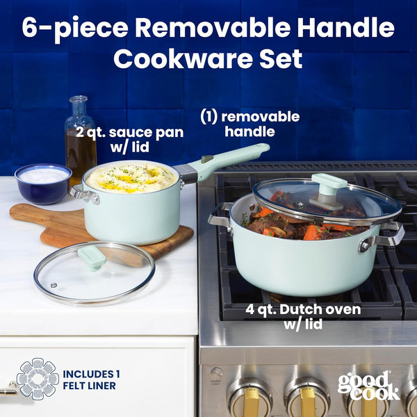 Ceramic Cookware Set 6-Piece with Removable Handles, Induction Compatible Dutch Oven & Saute Pan, Nonstick and Oven Safe, Sage Green3